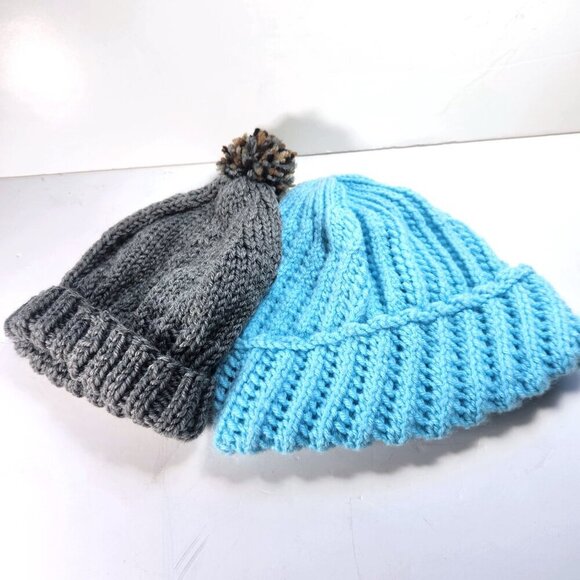 Hand Knitted Youth Hats Lot of 2 Unisex one with Pom Pom Grey and Blue - Picture 5 of 5